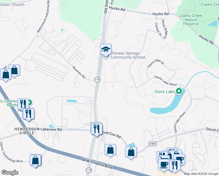 map of restaurants, bars, coffee shops, grocery stores, and more near 9907 Davis Lake Parkway in Charlotte
