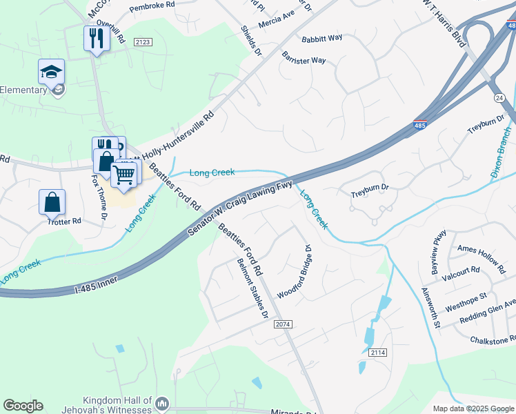 map of restaurants, bars, coffee shops, grocery stores, and more near 8341 Belstead Brook Court in Charlotte