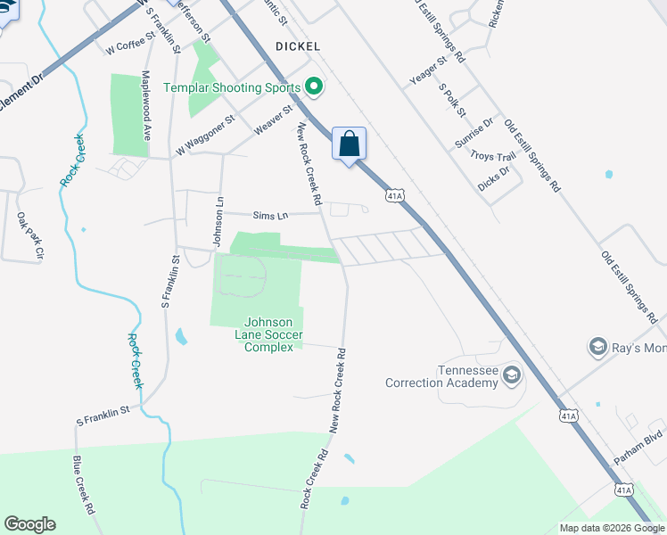 map of restaurants, bars, coffee shops, grocery stores, and more near 295 New Rock Creek Road in Tullahoma