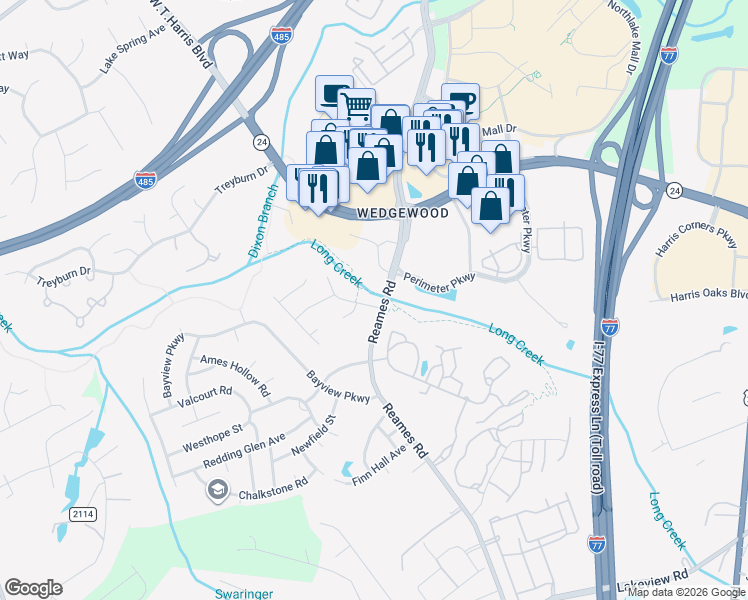 map of restaurants, bars, coffee shops, grocery stores, and more near 9619 Secretariat Drive in Charlotte