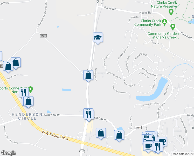 map of restaurants, bars, coffee shops, grocery stores, and more near 4919 Windchase Lane in Charlotte