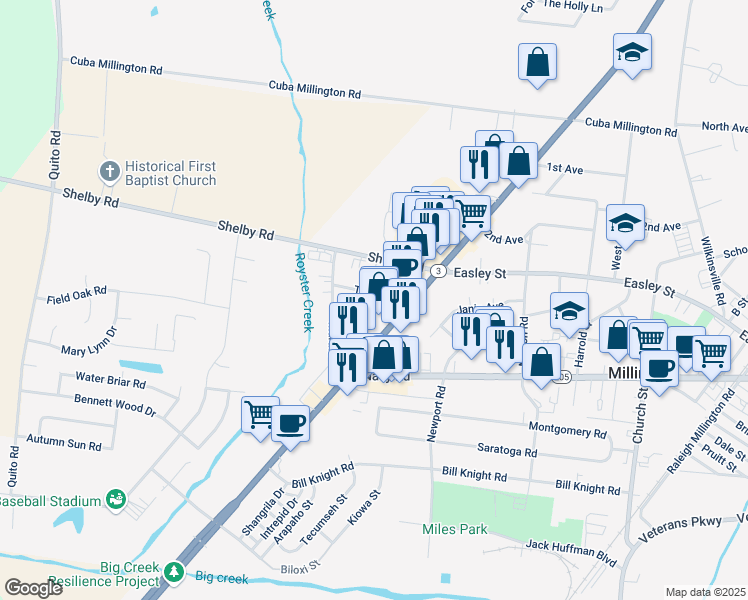 map of restaurants, bars, coffee shops, grocery stores, and more near 4630 Talley Road in Millington