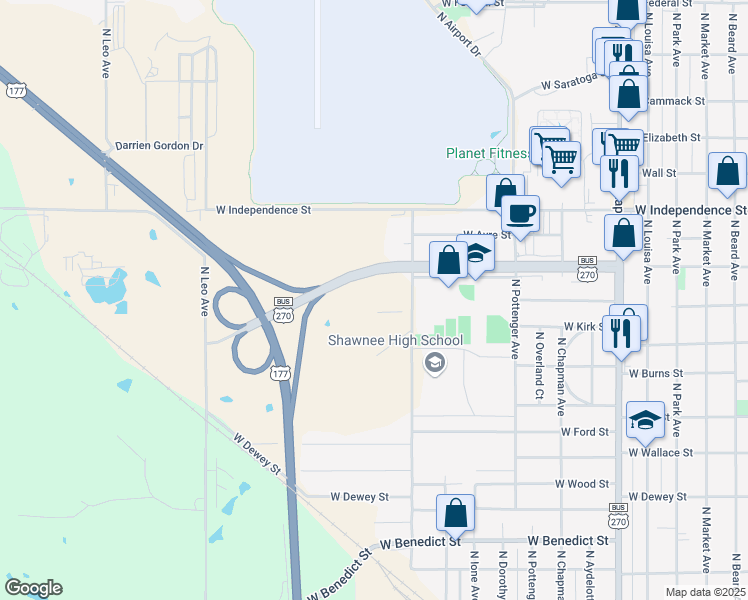 map of restaurants, bars, coffee shops, grocery stores, and more near 1300 North Kennedy Avenue in Shawnee