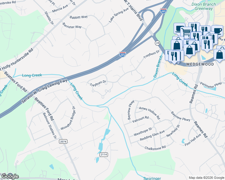 map of restaurants, bars, coffee shops, grocery stores, and more near 8737 Cinnabay Drive in Charlotte