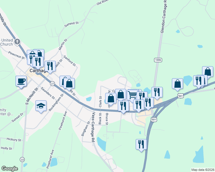 map of restaurants, bars, coffee shops, grocery stores, and more near 802 Currie Street in Carthage