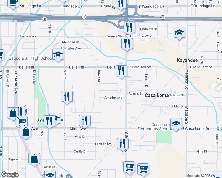 map of restaurants, bars, coffee shops, grocery stores, and more near 301 Trinity Avenue in Bakersfield