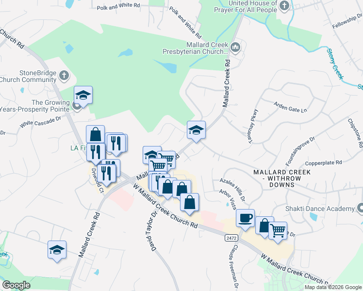 map of restaurants, bars, coffee shops, grocery stores, and more near 2620 Merion Hills Court in Charlotte