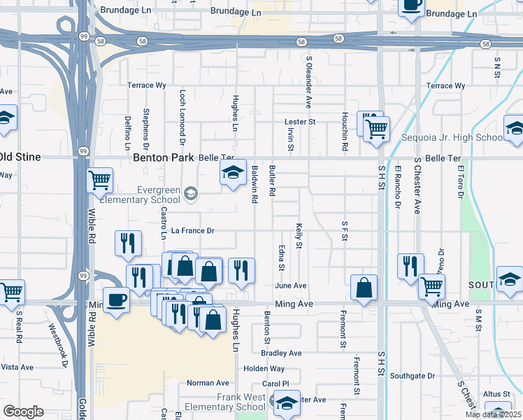 map of restaurants, bars, coffee shops, grocery stores, and more near in Bakersfield