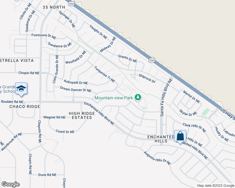map of restaurants, bars, coffee shops, grocery stores, and more near 6408 Grayson Hills Drive Northeast in Rio Rancho
