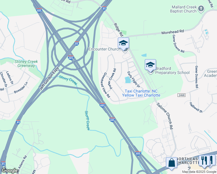 map of restaurants, bars, coffee shops, grocery stores, and more near 13734 Porter Creek Road in Charlotte