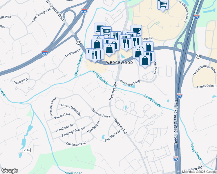map of restaurants, bars, coffee shops, grocery stores, and more near 9601 Secretariat Drive in Charlotte