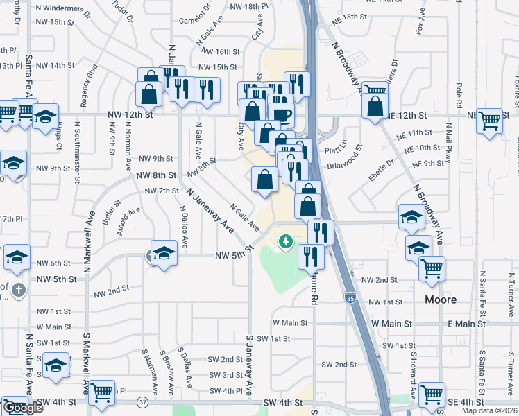 map of restaurants, bars, coffee shops, grocery stores, and more near 728 Lawton in Moore
