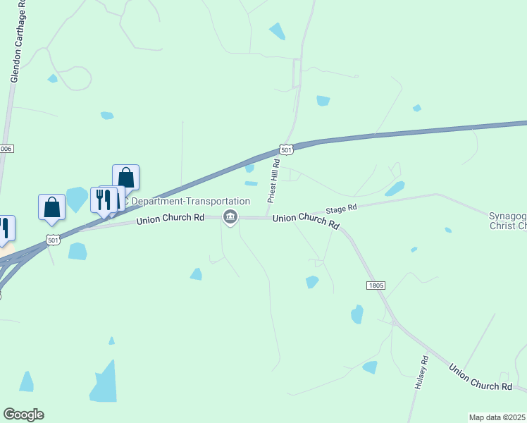 map of restaurants, bars, coffee shops, grocery stores, and more near 431 Union Church Road in Carthage