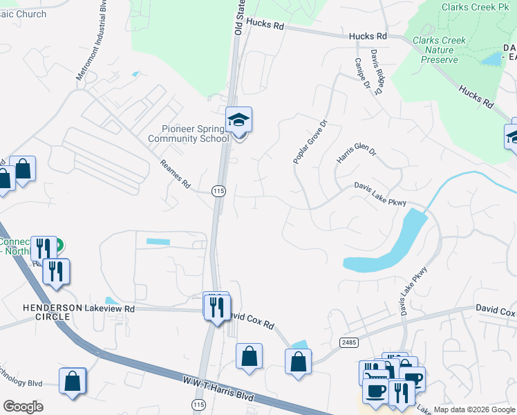 map of restaurants, bars, coffee shops, grocery stores, and more near 9907 Davis Lake Parkway in Charlotte