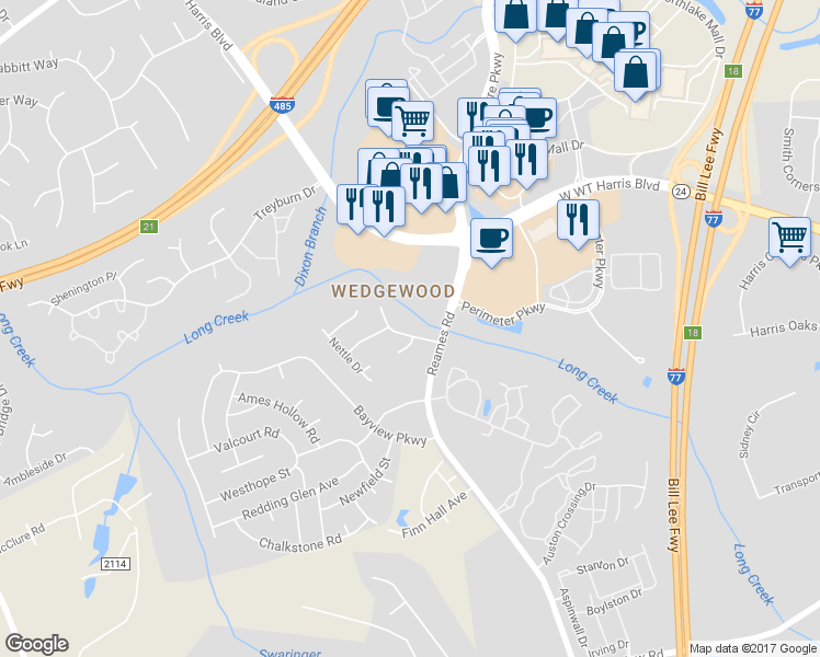 map of restaurants, bars, coffee shops, grocery stores, and more near 9601 Secretariat Drive in Charlotte