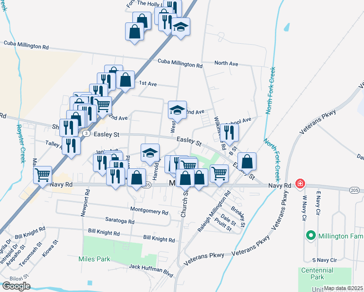 map of restaurants, bars, coffee shops, grocery stores, and more near 7984 Harrold Street in Millington