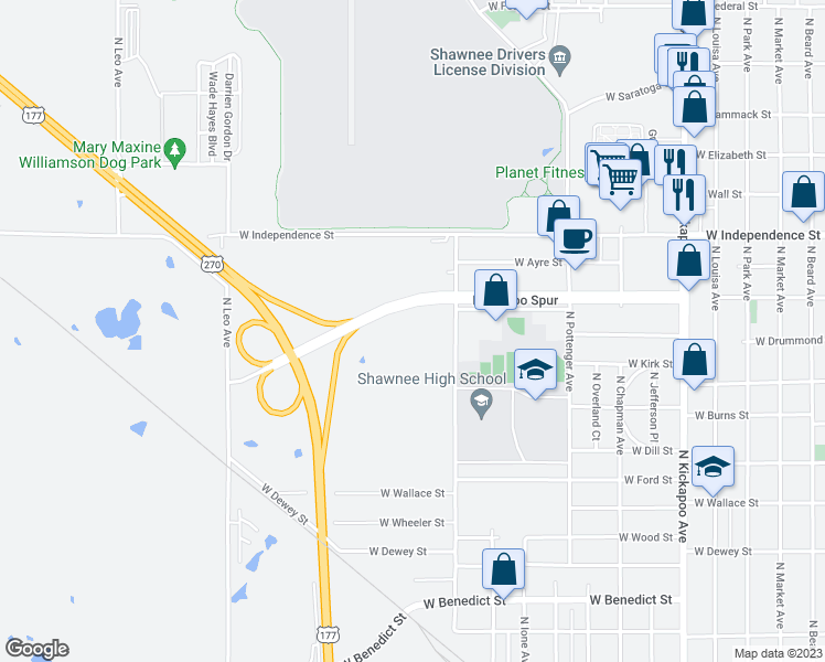 map of restaurants, bars, coffee shops, grocery stores, and more near 1300 North Kennedy Avenue in Shawnee