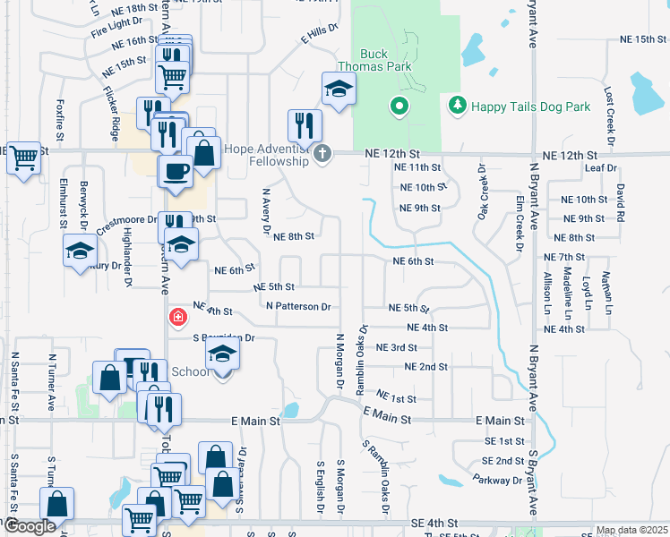 map of restaurants, bars, coffee shops, grocery stores, and more near 631 Northeast 6th Street in Moore