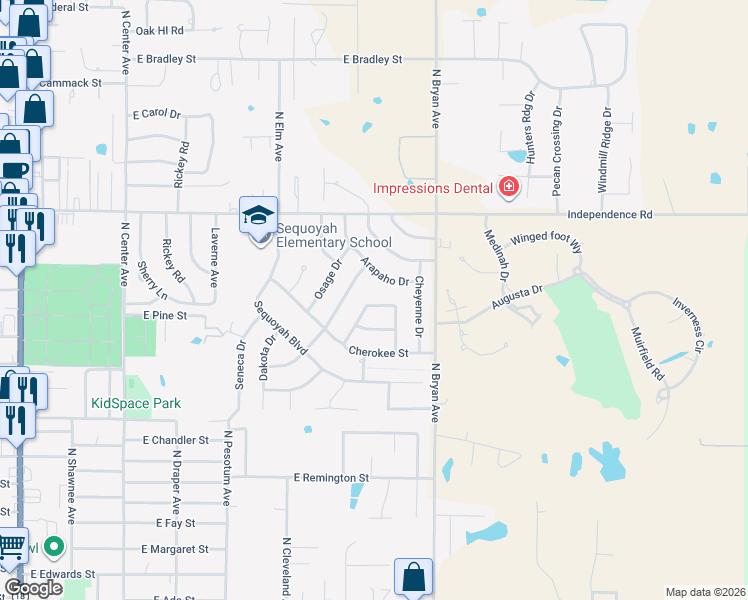map of restaurants, bars, coffee shops, grocery stores, and more near 20 Chickasaw Drive in Shawnee