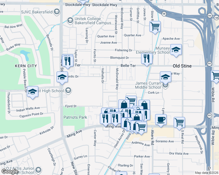 map of restaurants, bars, coffee shops, grocery stores, and more near 4613 Parkwood Court in Bakersfield