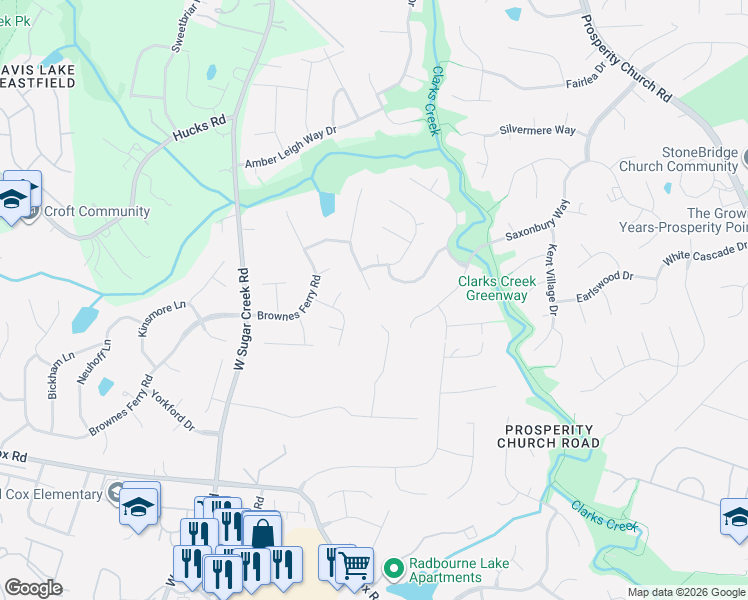 map of restaurants, bars, coffee shops, grocery stores, and more near 3445 Brownes Creek Road in Charlotte