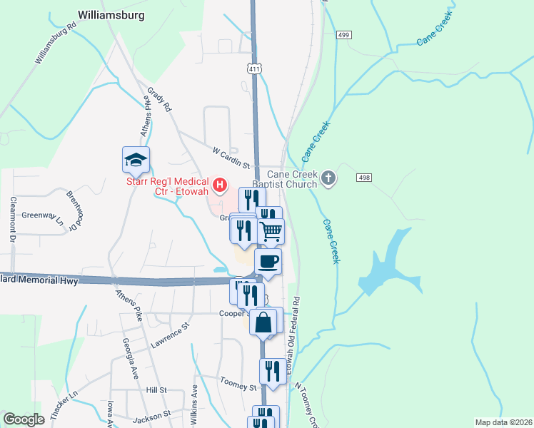 map of restaurants, bars, coffee shops, grocery stores, and more near 1009-1121 Tennessee Ave in Etowah