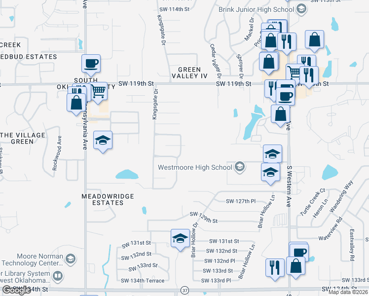 map of restaurants, bars, coffee shops, grocery stores, and more near 12412 Kingsridge Terrace in Oklahoma City