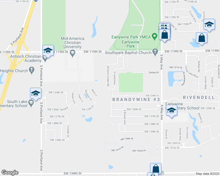 map of restaurants, bars, coffee shops, grocery stores, and more near 12328 Hickory Creek Boulevard in Oklahoma City