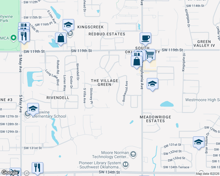 map of restaurants, bars, coffee shops, grocery stores, and more near 2301 Southwest 122nd Place in Oklahoma City
