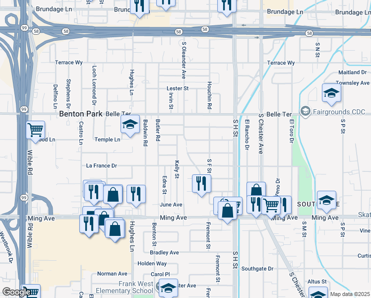 map of restaurants, bars, coffee shops, grocery stores, and more near 2003 Cecil Brunner Drive in Bakersfield