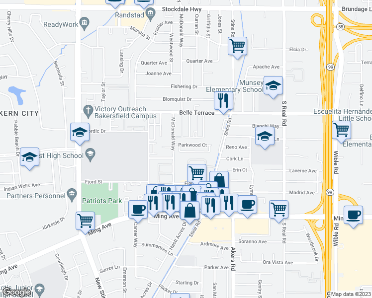 map of restaurants, bars, coffee shops, grocery stores, and more near 4409 Parkwood Court in Bakersfield