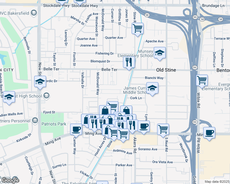 map of restaurants, bars, coffee shops, grocery stores, and more near 4301 Parkwood Court in Bakersfield
