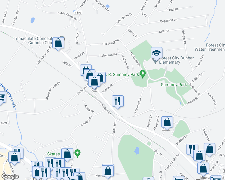 map of restaurants, bars, coffee shops, grocery stores, and more near 225 Trout Street in Forest City