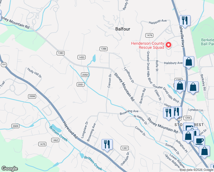 map of restaurants, bars, coffee shops, grocery stores, and more near 527 Carson Drive in Hendersonville