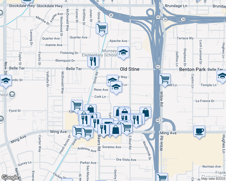 map of restaurants, bars, coffee shops, grocery stores, and more near 1116 Lymric Way in Bakersfield