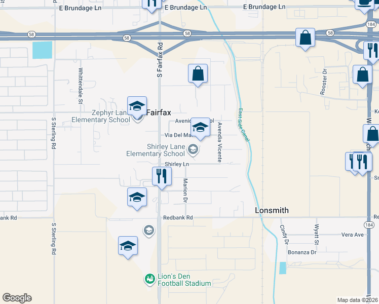 map of restaurants, bars, coffee shops, grocery stores, and more near 6714 Shirley Lane in Bakersfield