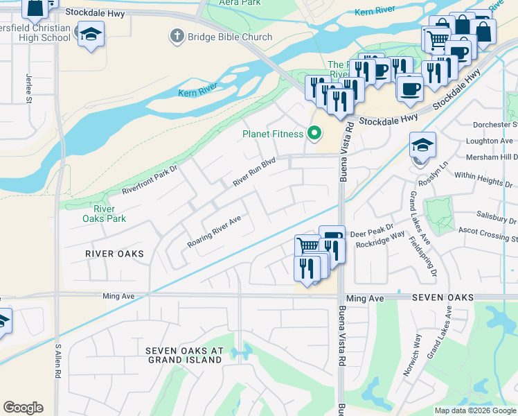 map of restaurants, bars, coffee shops, grocery stores, and more near 1119 Bluestone River Way in Bakersfield