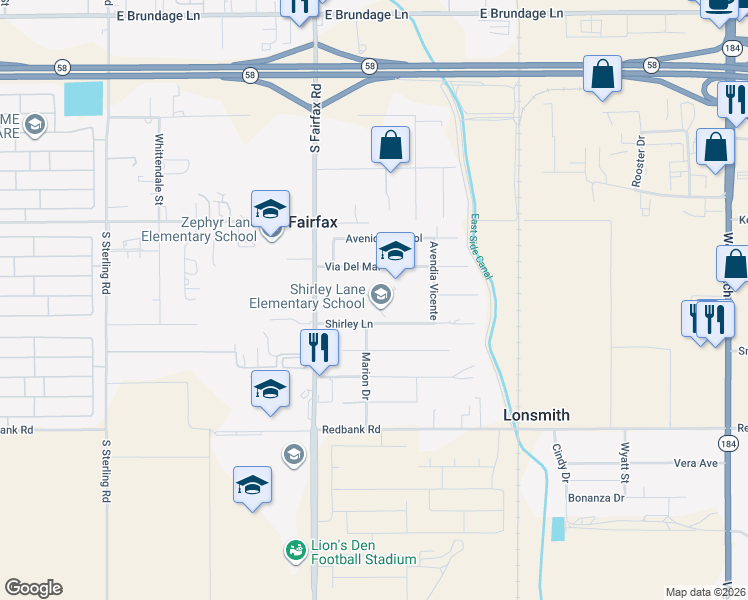 map of restaurants, bars, coffee shops, grocery stores, and more near 6714 Shirley Lane in Bakersfield