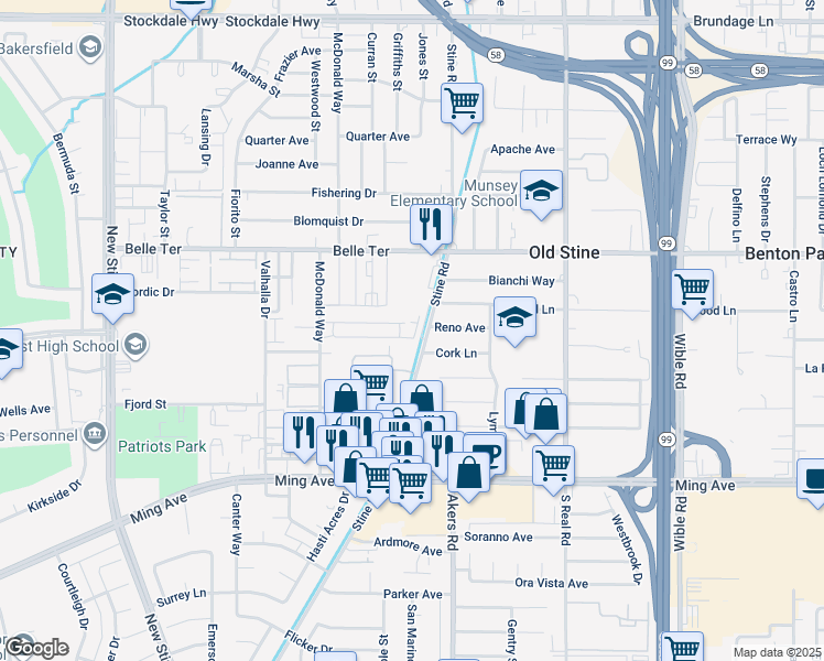 map of restaurants, bars, coffee shops, grocery stores, and more near 1009 Stine Road in Bakersfield