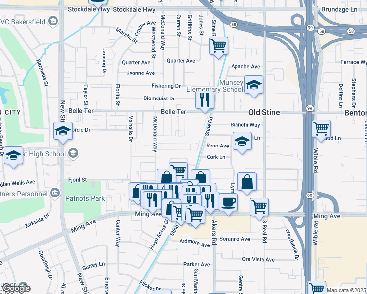 map of restaurants, bars, coffee shops, grocery stores, and more near 4301 Parkwood Court in Bakersfield