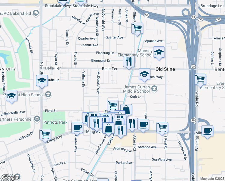 map of restaurants, bars, coffee shops, grocery stores, and more near 4301 Parkwood Court in Bakersfield