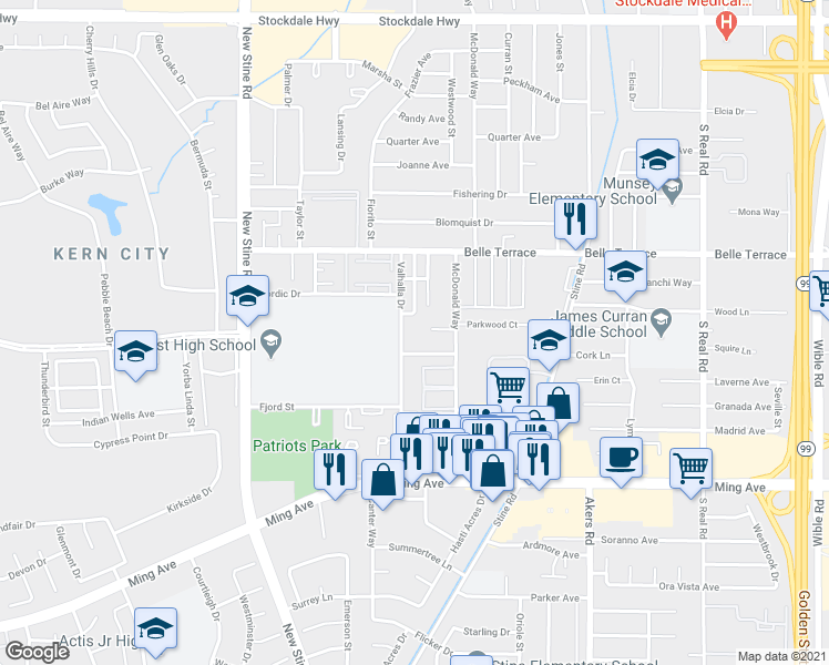 map of restaurants, bars, coffee shops, grocery stores, and more near 1020 Valhalla Drive in Bakersfield