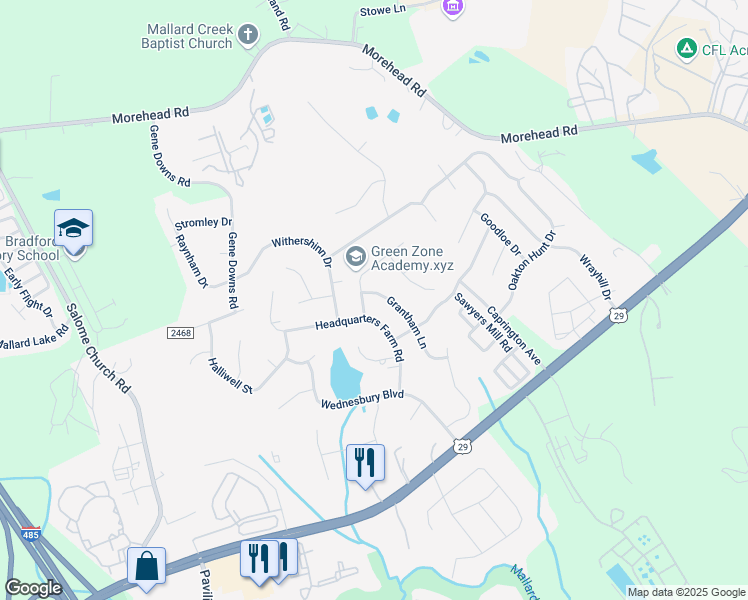 map of restaurants, bars, coffee shops, grocery stores, and more near 625 Grantham Lane in Charlotte