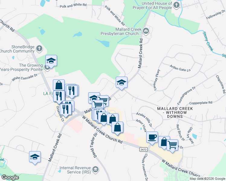 map of restaurants, bars, coffee shops, grocery stores, and more near 2620 Merion Hills Court in Charlotte