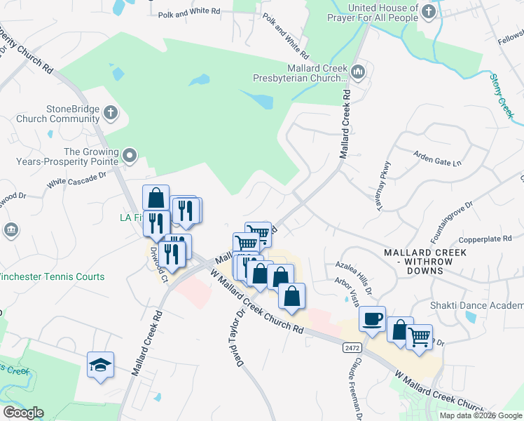 map of restaurants, bars, coffee shops, grocery stores, and more near 3043 Parker Green Trail in Charlotte