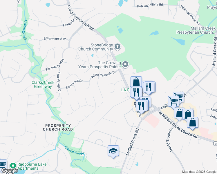 map of restaurants, bars, coffee shops, grocery stores, and more near 10010 Gardendale Court in Charlotte