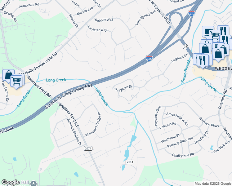 map of restaurants, bars, coffee shops, grocery stores, and more near 9069 Cinnabay Drive in Charlotte