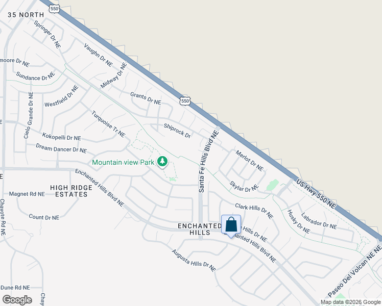 map of restaurants, bars, coffee shops, grocery stores, and more near 5105 Santa Fe Hills Boulevard Northeast in Rio Rancho