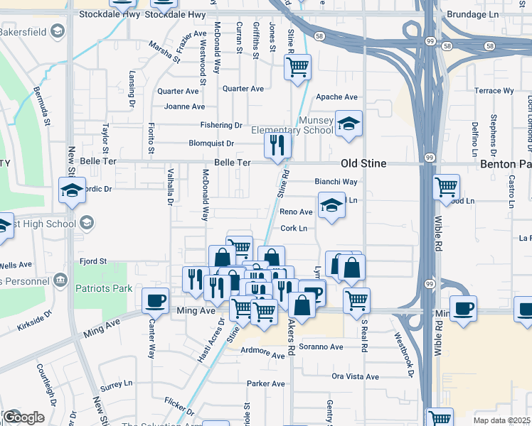 map of restaurants, bars, coffee shops, grocery stores, and more near 4201 Parkwood Court in Bakersfield