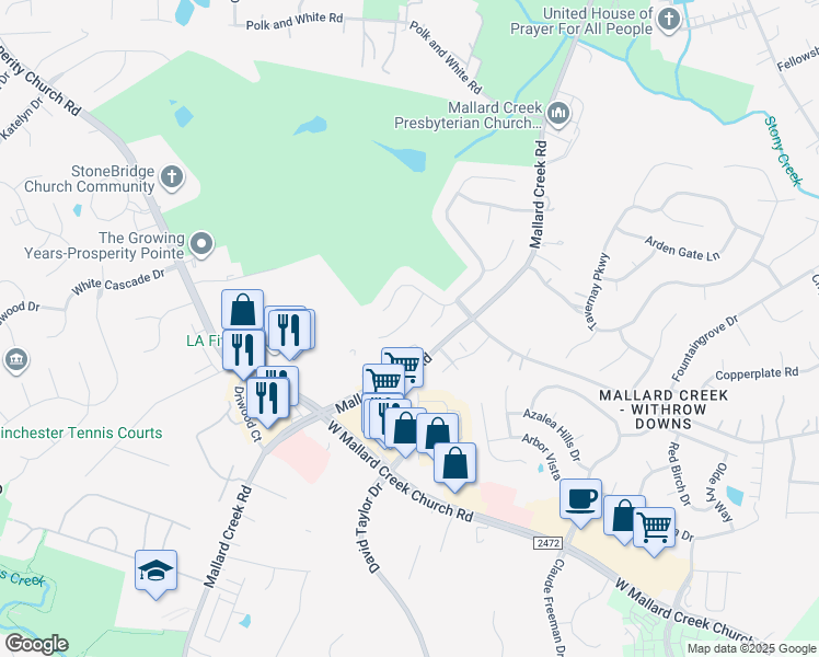 map of restaurants, bars, coffee shops, grocery stores, and more near 3043 Parker Green Trail in Charlotte